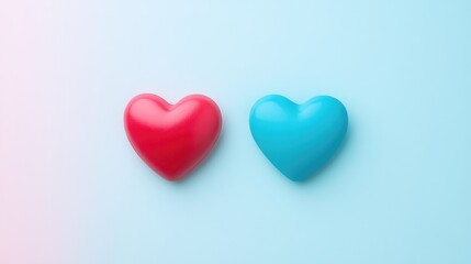 Fototapeta premium Red and pink heart-shaped stickers neatly arranged in a row on a pastel background.