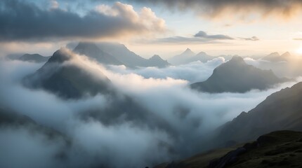 Majestic Sunrise Over Misty Mountain Peaks
