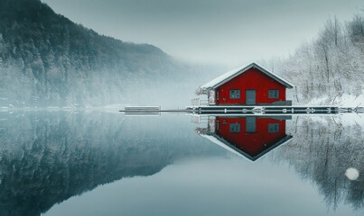 Fototapeta premium Reflection of a red house in the still waters of a mountain lake during winter, peaceful atmosphere, still waters