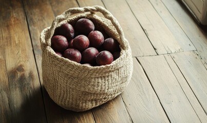 Obraz premium Plums in a woven cotton bag on a wooden floor , natural, organic, bag