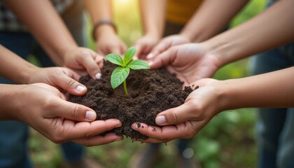 Fototapeta premium A diverse group of hands, both male and female, gently cradle rich soil with a budding green plant at the center, symbolizing hope and growth. This image captures the essence of teamwork and