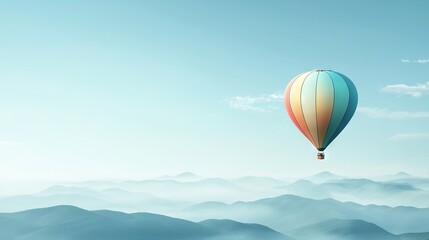 Fototapeta premium Hot air balloon soaring above mountain range with clear blue sky and cloudy backdrop