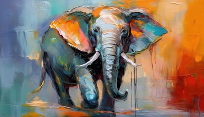Striking Contemporary Elephant Portrait in Textured Oil Painting, Showcasing Rich Hues and Layered Strokes, Embracing the Beauty of Wildlife Art.