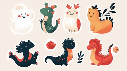 Obraz premium Playful chinese new year sticker set with mythical creatures for festive decor