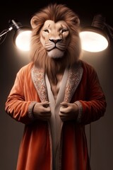 Fototapeta premium A lion in a luxurious robe poses confidently under bright lights, blending regal elegance with a touch of whimsy.