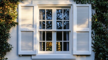 Fototapeta premium A colonial-style window with white frames and wooden shutters, bathed in golden hour light,