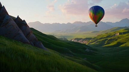 Naklejka premium A lush green valley is below a hot air balloon flying in the sky, with mountains visible in the foreground
