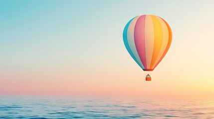Fototapeta premium A vibrant hot air balloon glides above a tranquil waterbody as the sun mirrors on its surface during dusk