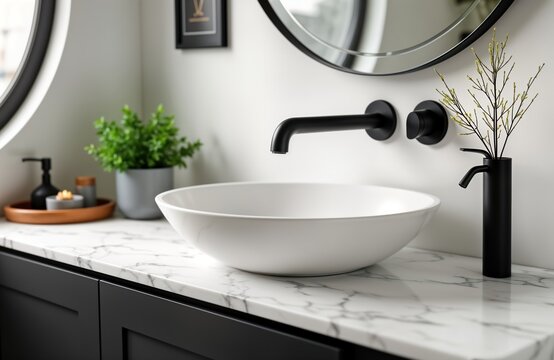 Modern bathroom features elegant white sink on shiny marble countertop. Black faucet, soap dispenser add touch of style. Plants, simple decor complete clean, stylish interior design. Round mirror