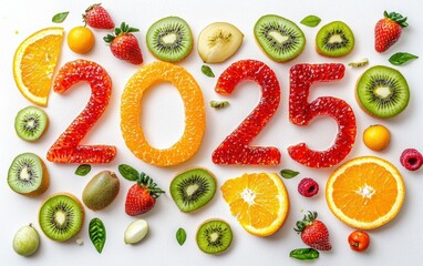 2025 made entirely of colorful fresh fruits, including slices of oranges, kiwis, and strawberries on a clean white background
