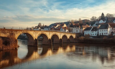 Fototapeta premium Rheinsteig in Eifel mit Blick auf die Goldene Meile und Koisdorf, hiking, bridge