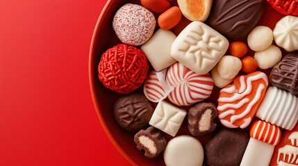 Obraz premium Traditional chinese new year's candy selection on festive red background for celebration and design