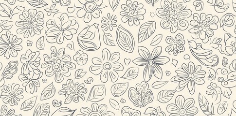 Obraz premium A modern, cute floral wallpaper displaying white daisies and elegant hand-drawn doodles, seamlessly repeated