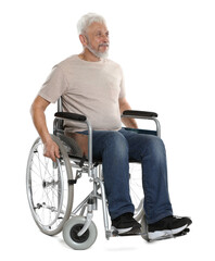 Senior man in wheelchair on white background