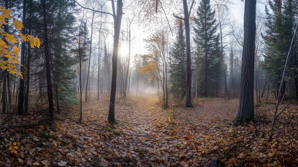 Fototapeta premium 朝霧に包まれた針葉樹の森と落葉の静寂