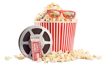 Tasty popcorn, film reel, glasses and movie ticket isolated on white