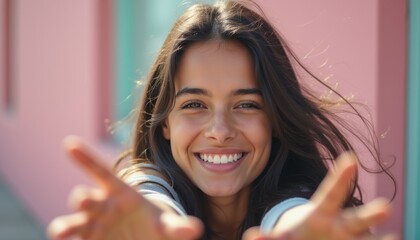 A cheerful young woman with long, flowing hair smiles brightly, extending her arms towards the viewer against a vibrant pink background. Her infectious happiness radiates warmth and invites connection