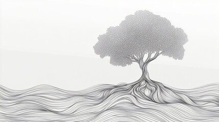 Minimalist line art of a tree with intricate roots extending underground and abstract foliage design