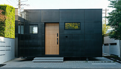 A striking cubic house with a matte black exterior, punctuated by strategically placed windows and a