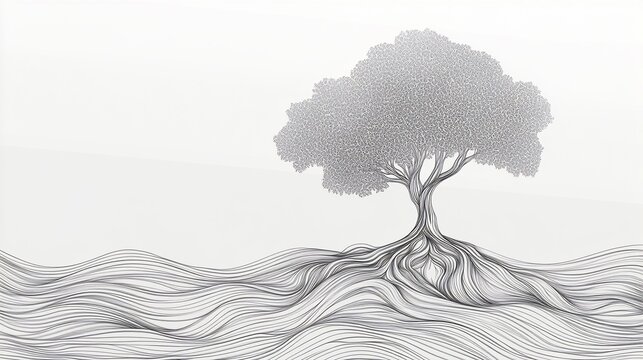 Minimalist line art of a tree with intricate roots extending underground and abstract foliage design