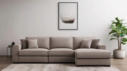 Furniture trendy luxury and innovative, A modern, stylish sectional sofa with plush cushions, accompanied by a minimalist wall art piece and a leafy plant in a contemporary living space.