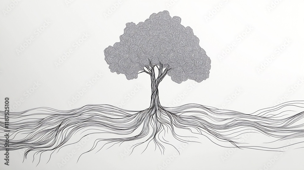 Wall mural minimalist line art of a tree with intricate roots extending underground and abstract foliage design