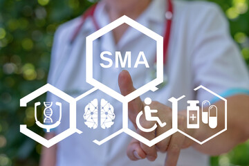 Doctor using virtual touch screen push on abbreviation: SMA. SMA Spinal Muscular Atrophy Health...