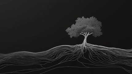 Minimalist line art of a tree with intricate roots extending underground and abstract foliage design