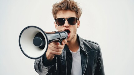 Fashion man with the Megaphone, photos studio shutting on the green background