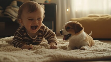 Baby laughing at puppy.