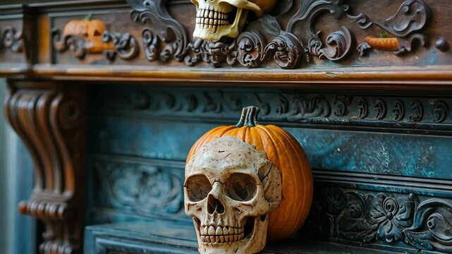Decorative skulls and pumpkin adorn an ornate mantelpiece for a spooky autumn celebration