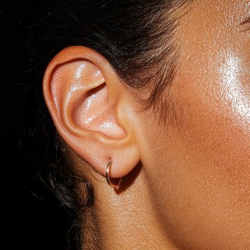 Close-up of a woman's ear with a small gold hoop earring