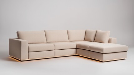 Furniture trendy luxury and innovative, A modern beige sectional sofa with plush cushions, featuring a sleek design and a cozy chaise lounge for added comfort.