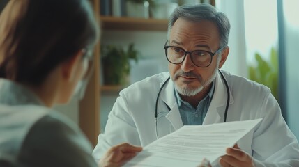 Fototapeta premium Friendly doctor in glasses explaining medical document to patient, sharing health information, healthcare communication concept