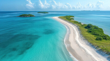 Obraz premium Aerial beach scene of a sandbar stretching into the ocean, surrounded by turquoise waters and distant islands