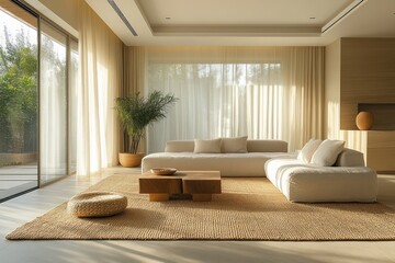 Fototapeta premium Spacious minimalist living room design with soft neutral colors and natural materials featuring large windows and plush sofas