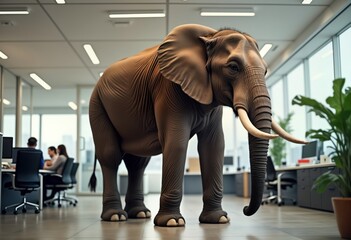 Elephant stands in office. People work around. Difficult issue. Awkward situation. Avoid discussion. Corporate workplace. Modern interior. Uncomfortable topic. Unresolved problem. Obvious problem.