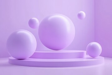 Obraz premium Minimalist 3D Rendering with Floating Spheres Above Circular Platform in Soft Pastel Purple Tones for Product Display