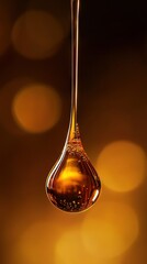   A blurry background surrounds a yellow drop of liquid dangling from a spoon