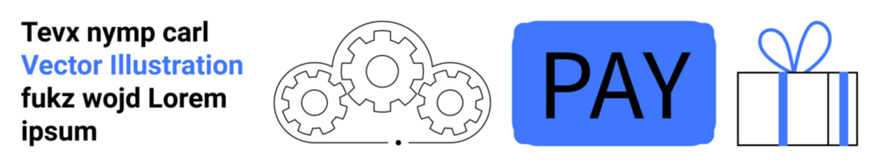 Cogs representing mechanisms, a blue PAY button, and a gift box. Ideal for e-commerce, transactions, payments, rewards concept, customer engagement online shopping checkout process. Landing page