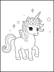 Black and White Unicorn Coloring Page for Kids. Cute, Hand-Drawn, Printable Activity Sheet with Cartoon Characters.
