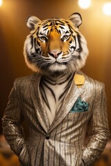 A stylish figure in a glittering suit with a tiger's head, blending elegance and wildness under bright lights.
