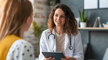 Happy woman, doctor or consulting patient with tablet in checkup for medical results, diagnosis or prescription at hospital.