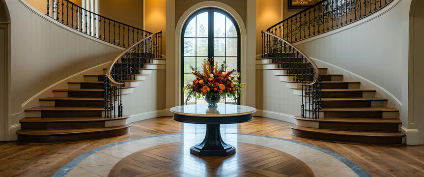 A grand foyer with a circular marble table holding a modern floral arrangement, surrounded by herrin