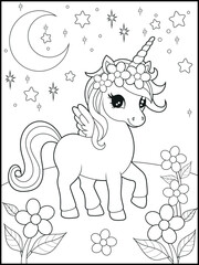 Black and White Unicorn Coloring Page for Kids. Cute, Hand-Drawn, Printable Activity Sheet with Cartoon Characters.
