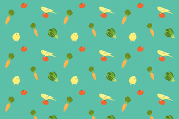 セキセイインコと野菜のパターン背景（グリーン）