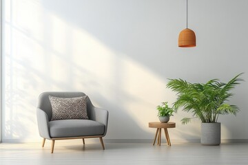 Minimalist living room with gray armchair modern design bright white walls wooden table potted plant soft lighting