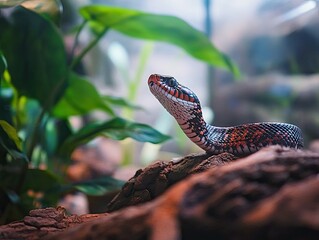 Fototapeta premium Red-spotted snake terrarium, exotic reptile, vibrant plants background, wildlife photography, nature stock.