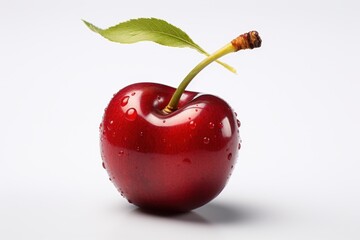 Fresh red cherry with water droplets and green leaf resting on a white background