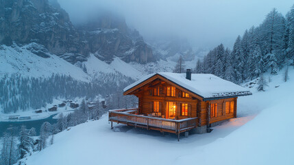 Aerial mountain shot of a small wooden cabin perched on a snowy slope surrounded by towering peaks